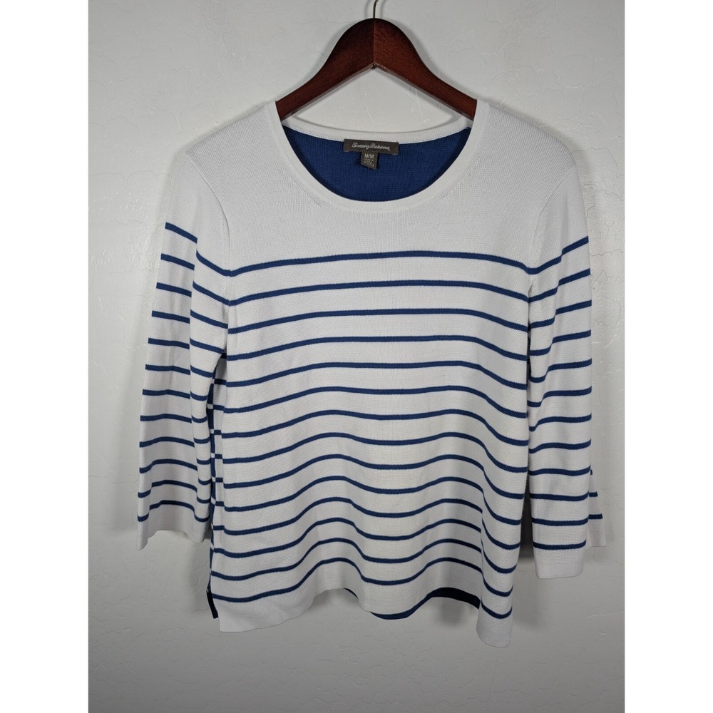 Tommy Bahama Sweater Women's Medium Blue White Striped Pullover Knit Stretch